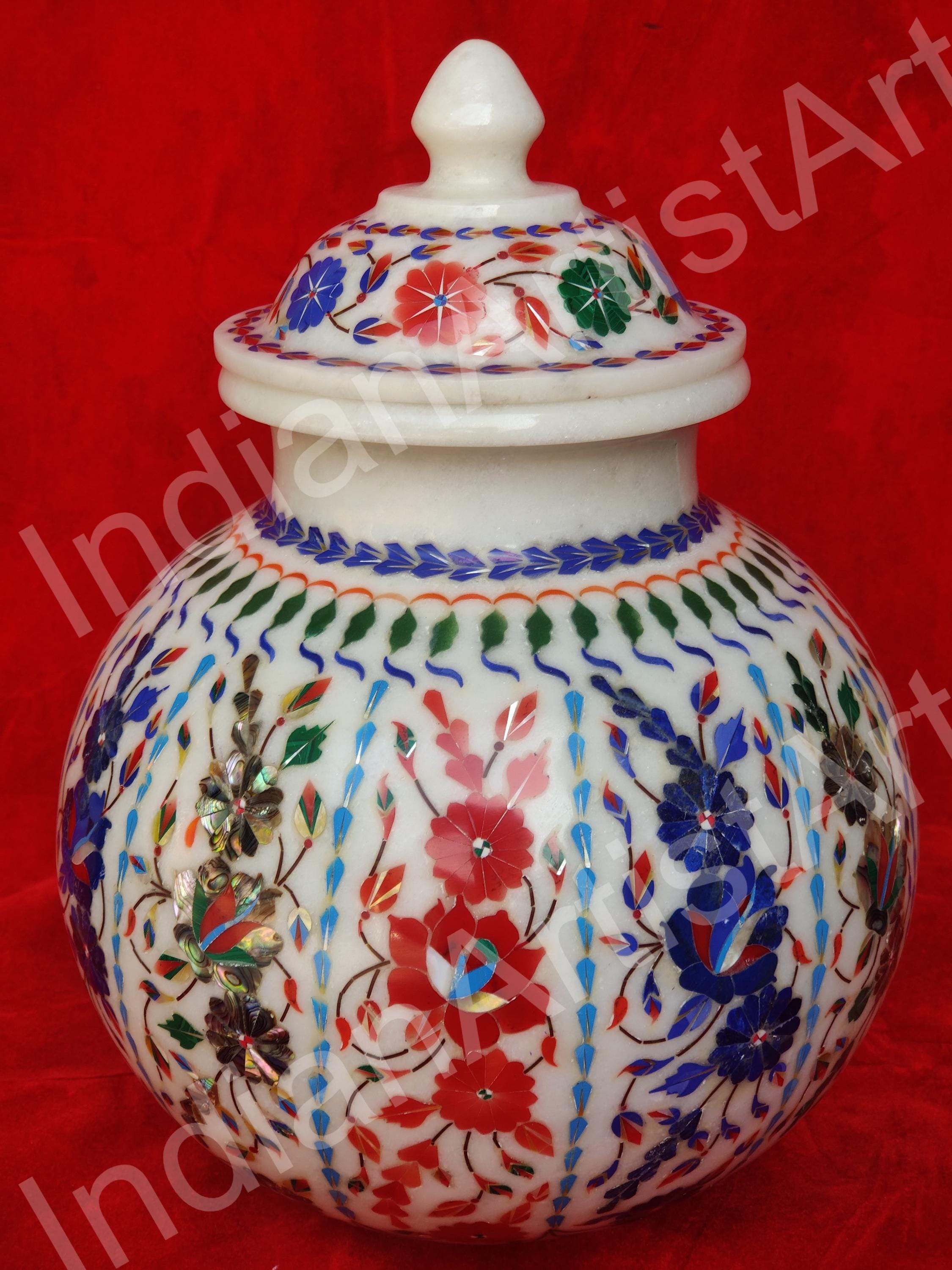 タージ・マハル インレイアート 大理石ポット：宝石花瓶、13インチ