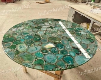 Tablero de mesa de ágata verde: decoración de piedra natural hecha a mano