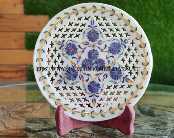 Plato de mármol blanco con incrustaciones de piedras semipreciosas - Arte del Taj Mahal (20 cm)