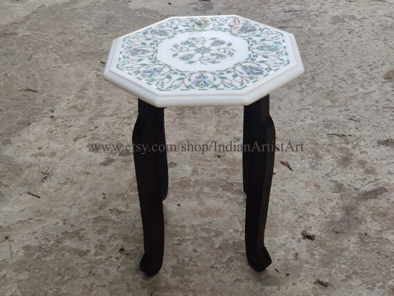 Marble Inlay Coffee End Table With Complimentary Wooden Stand