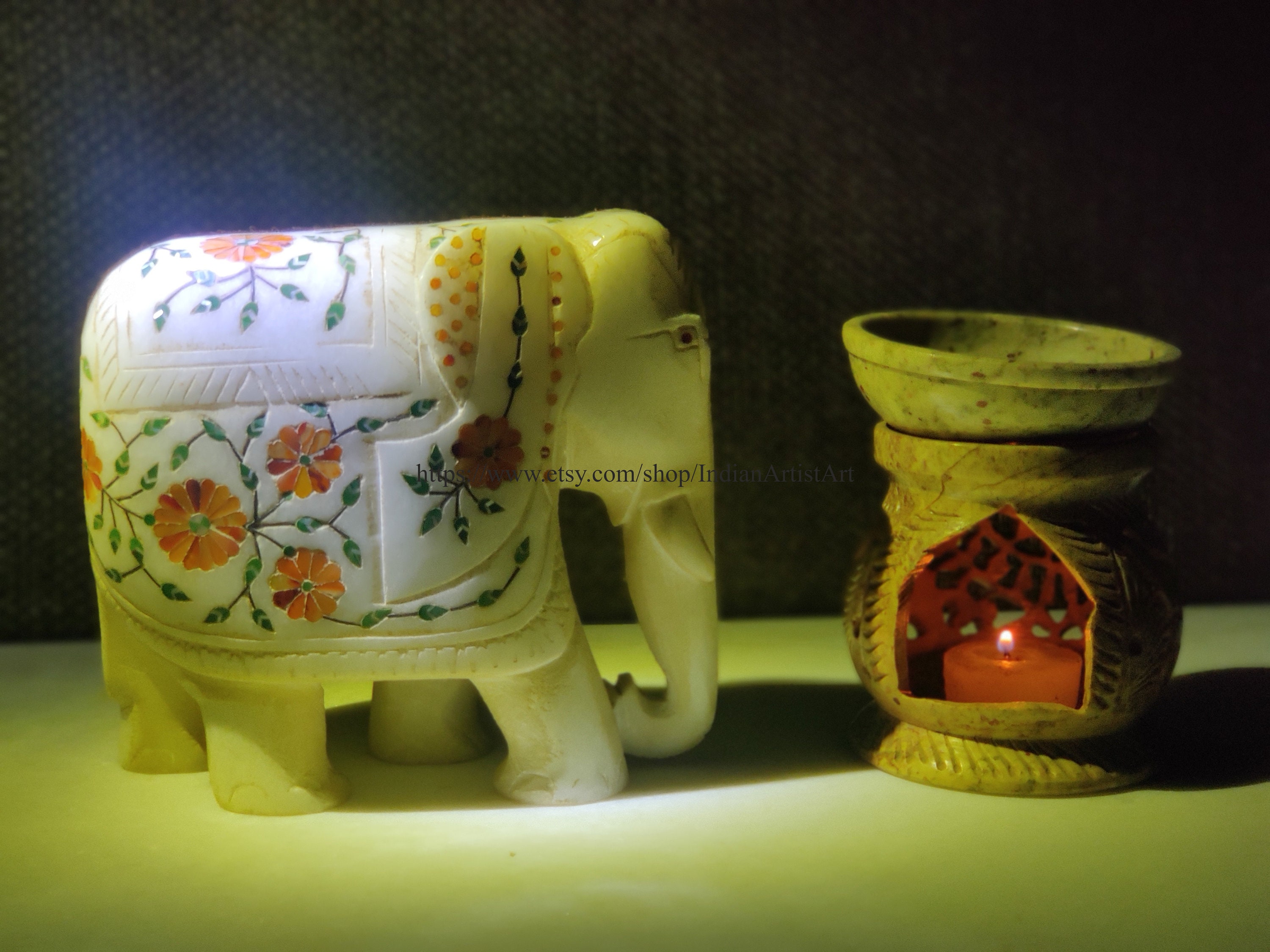 象嵌大理石の象の置物：手作りのインドの装飾品 - Etsy 日本