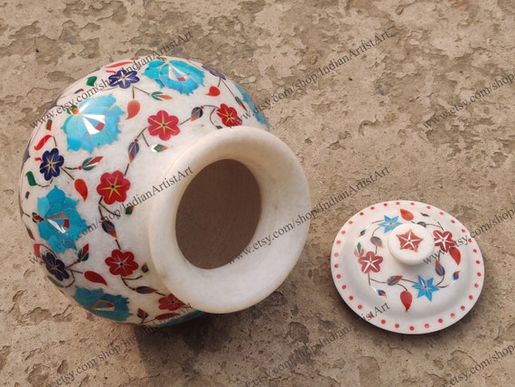 手作りのインド産大理石の花瓶:ターコイズインレイのピエトラ 手作りのインド産大理石の花瓶:ターコイズインレイのピエトラ