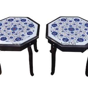 White Marble Side Table with Lapis Lazuli Inlay: Mughal Art Inspired