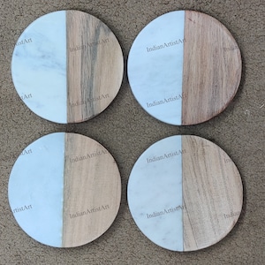 Handmade Marble and Wood Coasters: Set of Four Drink Coasters