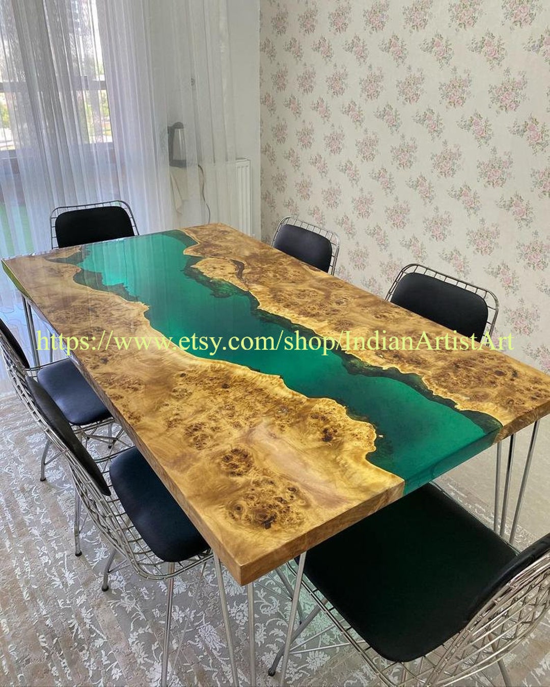 Green and Blue River Table Top in Wood With Resin Epoxy Etsy