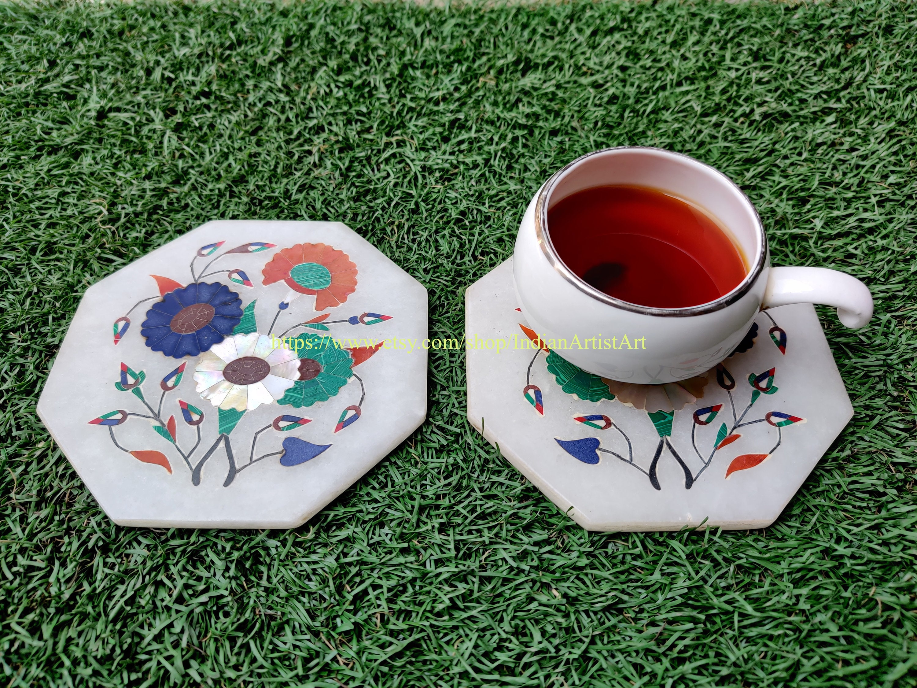 Set De 6 Sous-verres En Marbre Incrustation Lapis-lazuli – Motif Floral Fait Main – Art Déco