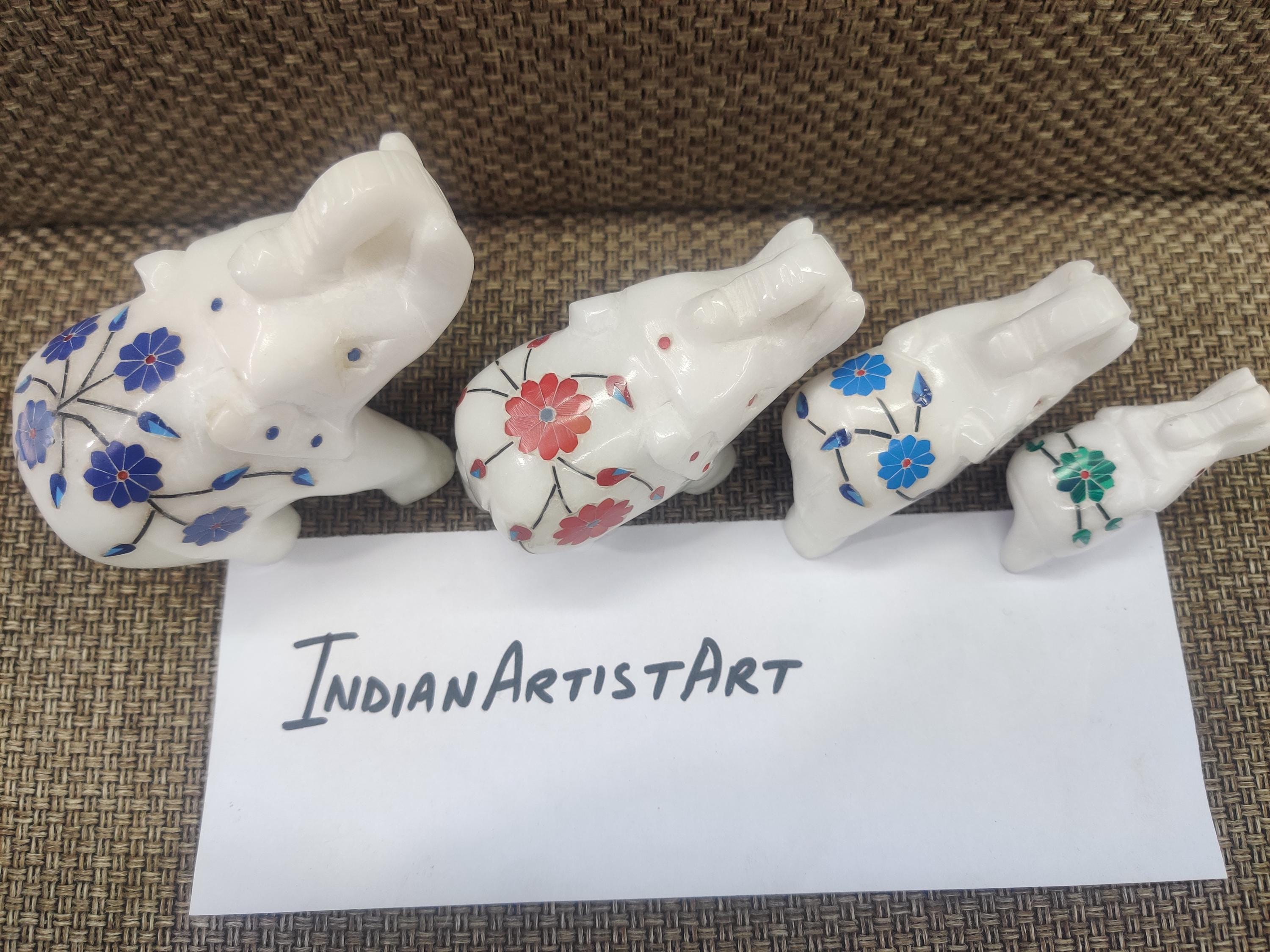 象嵌細工の大理石象の家族：手作りのインド美術のお土産 - Etsy 日本