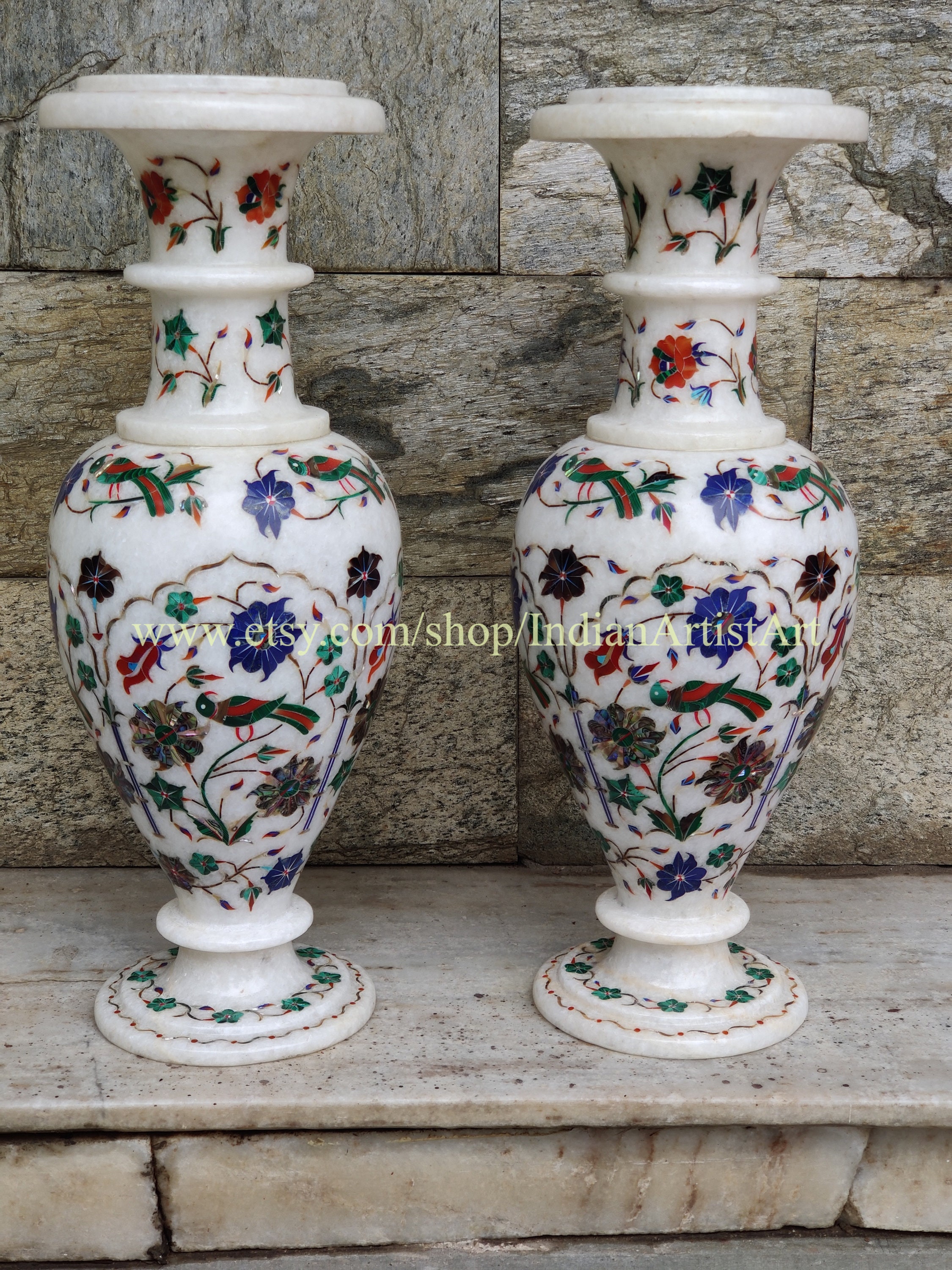 White Marble Flower Vase: Handmade Pietredura Inlay Art