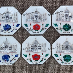 Taj Mahal Design Tea Coasters / Handmade Coasters with Inlaid Art / Coasters for Gifts and office Decoration / Handmade MOP Coaster for Gift