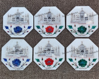 Taj Mahal Design Tea Coasters / Handmade Coasters with Inlaid Art / Coasters for Gifts and office Decoration / Handmade MOP Coaster for Gift