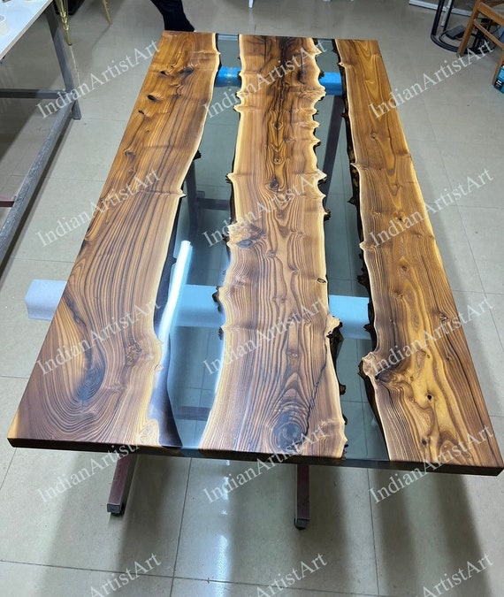 Acacia Wood Epoxy Dining Table: Handmade Clear Resin River Table