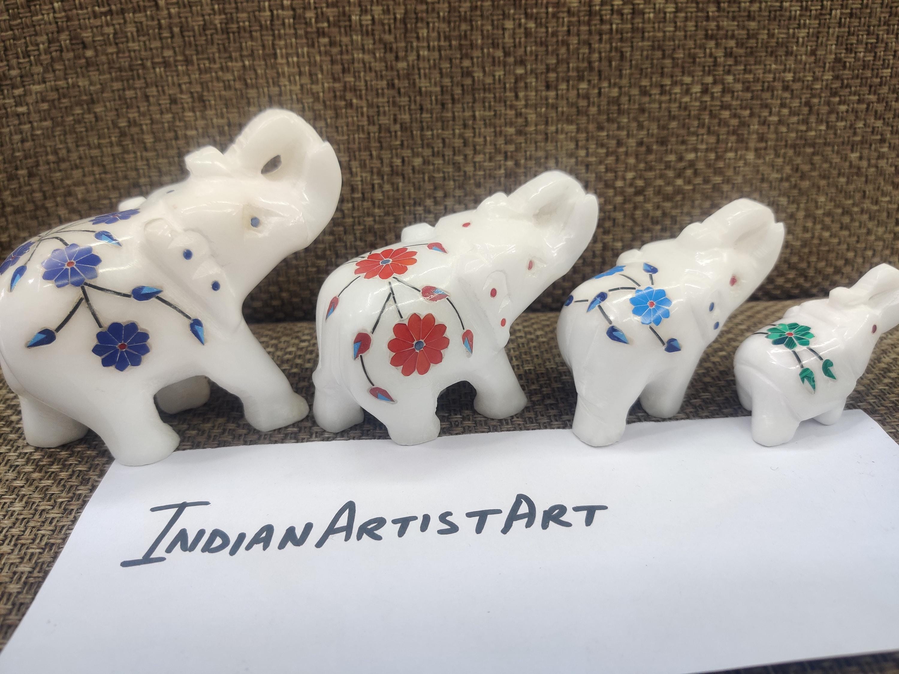象嵌細工の大理石象の家族：手作りのインド美術のお土産 - Etsy 日本
