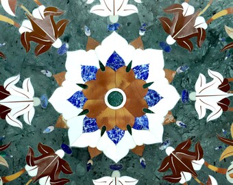 インド大理石テーブル、インド　タージマハール・大理石テーブル、ピエトラ・デュラ グリーン大理石象嵌テーブルトップ：ピエトラ・デュラ・アート、インド