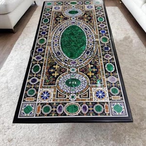 Black Marble Dining Table Top: Malachite Inlay Floral Design
