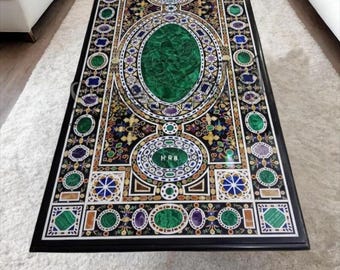 Black Marble Dining Table Top: Malachite Inlay Floral Design