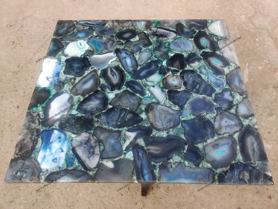 Blue Green Agate Stone Table Top: Natural Hard Stone Décor