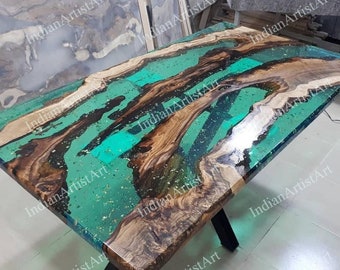 Acacia Wood Epoxy Table Top: Green Transparent Resin, Custom Made