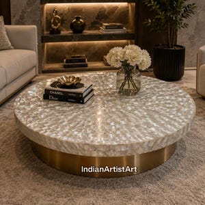 Mother of Pearl Statement Coffee Table – Handmade Round Natural Shell Mosaic Luxury Furniture