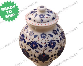 Flower Pot in white marble with lid / Blue Lapis Lazuli Flower Drinkware / Indian white marble pietra dura Art / Flower Pot with Blue roses