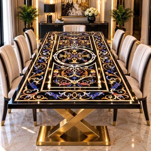 Black Marble Dining Table Top – Pietra Dura Floral Inlay Art (Rectangular)
