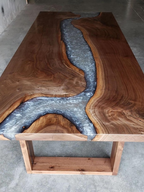 Grey River Epoxy Table Top / Large Rectangular Wood Table / Wooden