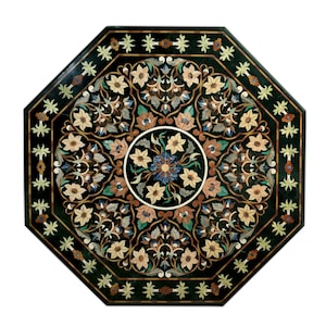 Green Marble Dining Table Top: Octagonal Inlay Art (150cm)