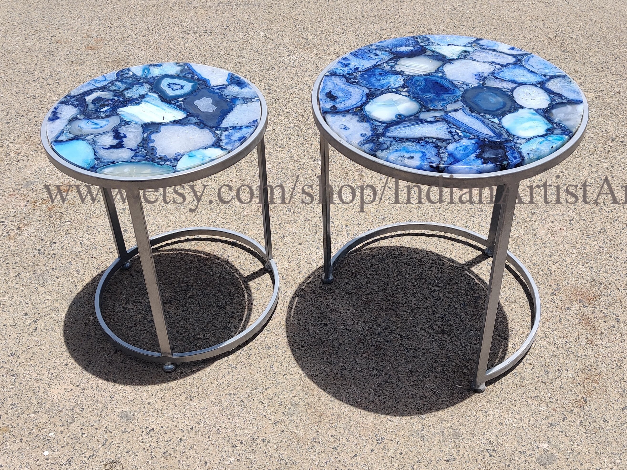 Blue Agate Nesting Table With Wrought Iron Stand Natural Hard Etsy UK