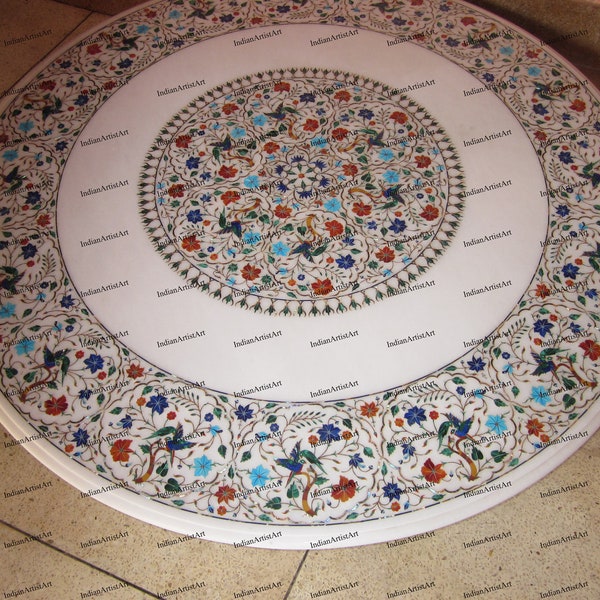 White Marble Dining Table Top / Birds and Flower Inlaid Design / Inlay Dining Table Top / Semi Precious Stones Inlay Table Top