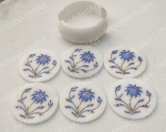 Juego de posavasos de mármol blanco: diseño de flores azules incrustadas, juego de 6