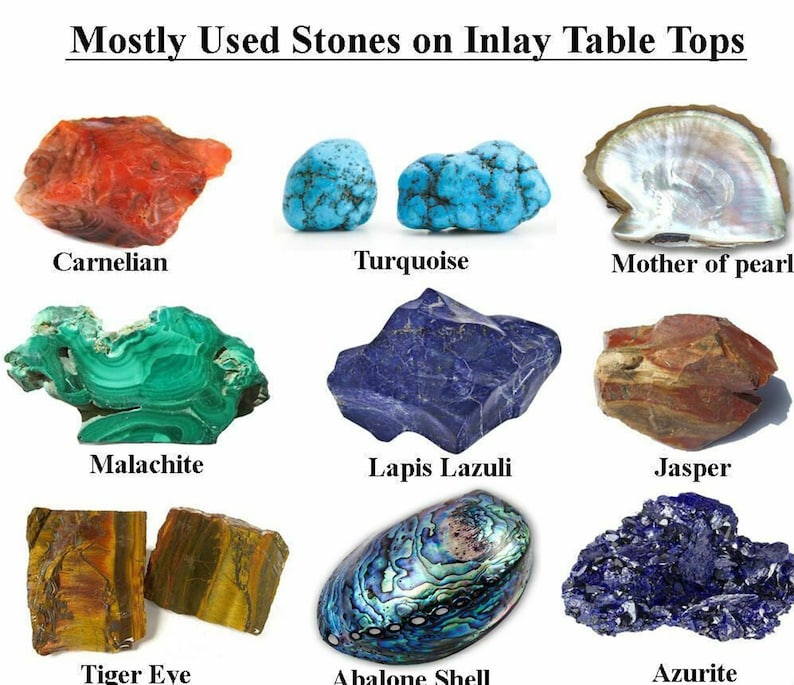May include: An assortment of colorful stones, including carnelian, turquoise, mother of pearl, malachite, lapis lazuli, jasper, tiger eye, abalone shell, and azurite. The text "Mostly Used Stones on Inlay Table Tops" is at the top.