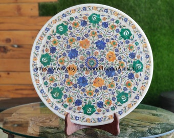 Handcrafted White Marble Plate: Pietre Dure Art, Semi-Precious Stones (41cm)