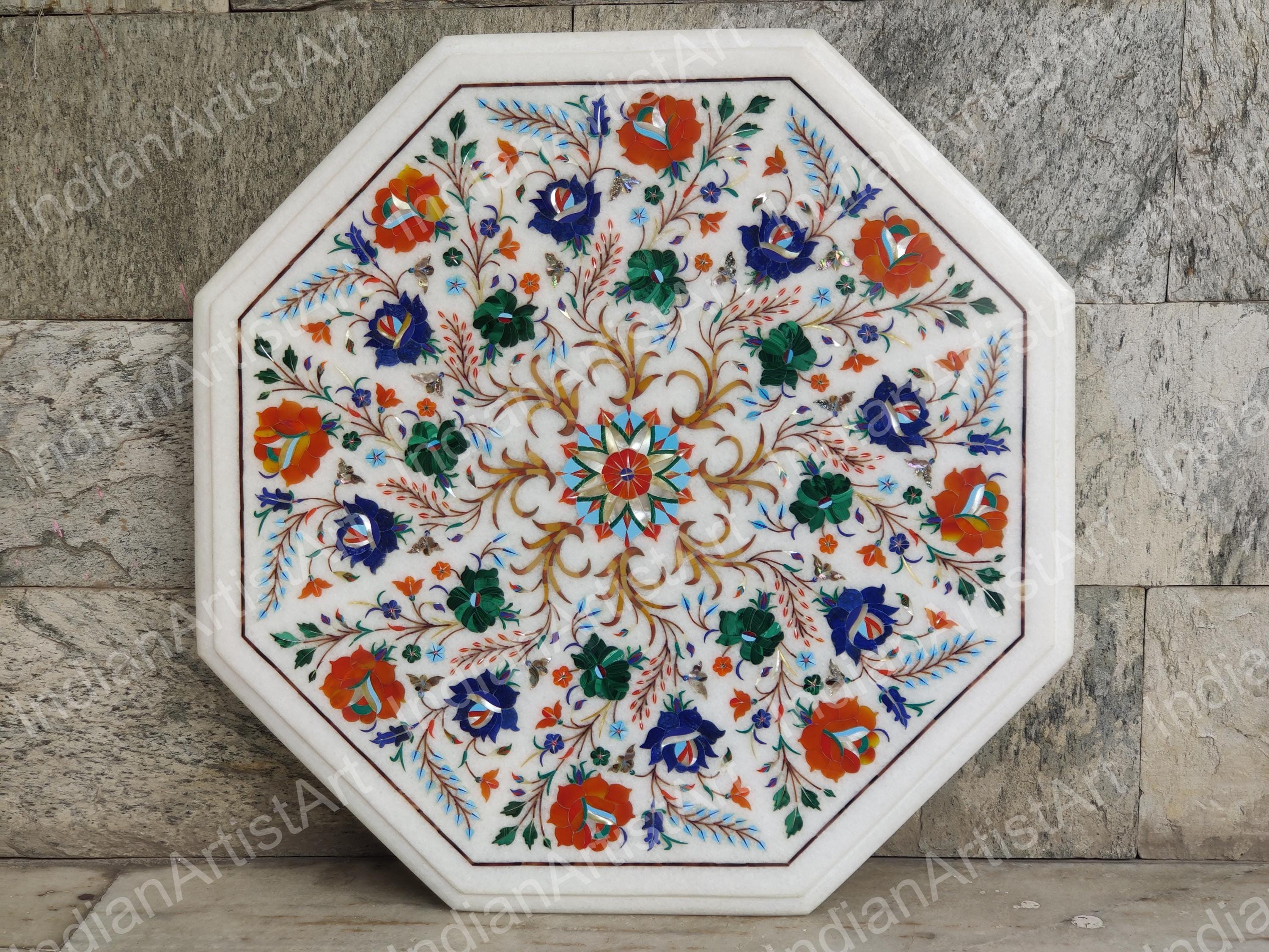 手作りの白い大理石のコーヒーテーブルトップ：八角形のタージ・マハル