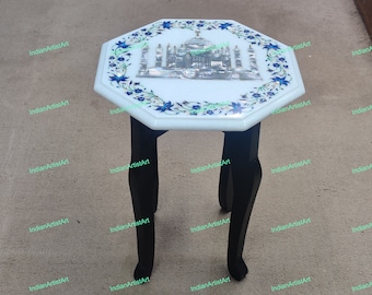 White Marble Table Top with Taj Mahal Picture / Mother of Pearl and Blue Lapis Lazuli Stones Inlaid / Small Size Table Top with Stand