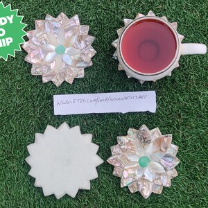 Mother of Pearl Coasters Set / Luxury Handmade Coasters Set / White Marble Coasters with Lotus Shape / Handmade Coasters for office Gifts