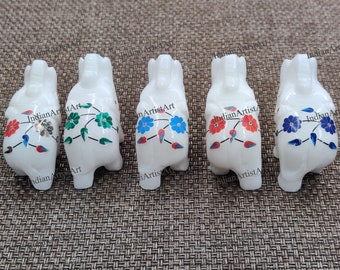 Set of Five Marble Elephants Figure for Gifts / Handmade marble inlay elephants / Stone Made Elephants figure made in white T/R Marble