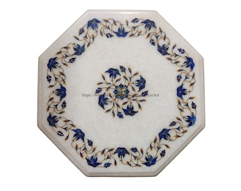 Tablero de mesa con incrustaciones de mármol blanco: diseño floral, mesa auxiliar hecha a mano