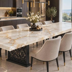 Pode incluir: Uma mesa de jantar retangular longa com um tampo de pedra polida em tom creme com veios dourados, apoiada por uma base de treliça preta ornamentada. A mesa é rodeada por dez cadeiras bege estofadas com pernas pretas e detalhes em metal dourado.