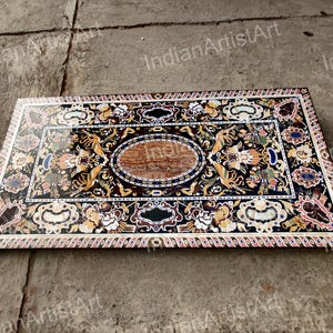 Black Marble Dining Table Top: Pietra Dura Inlay, Semi-Precious Stones