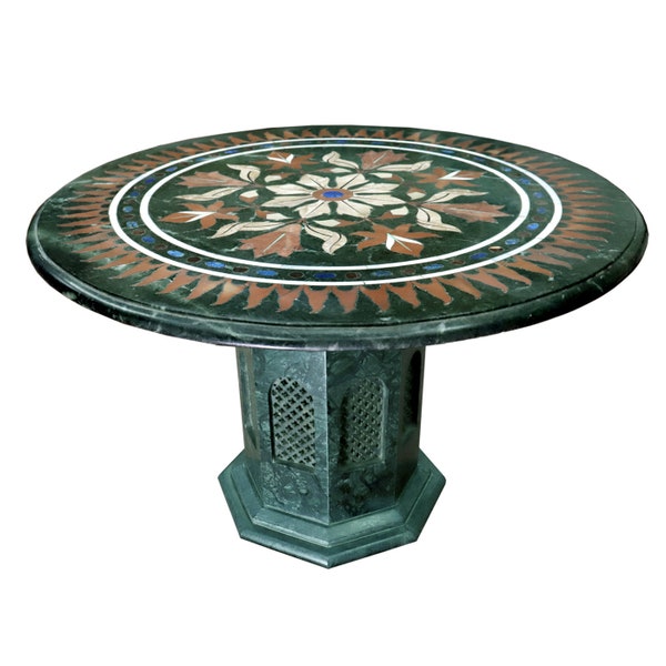 Coffee Table in Round Shape, Green Marble Coffee Table Top is Inlaid with Semi Precious Stones for Living Room Table, Table for Home decor