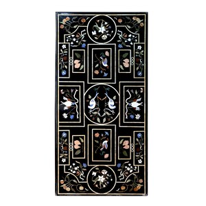 Black Marble Dining Table Top: Pietra Dura Flower Inlay Art