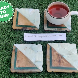 Square shape coasters set / set of 4 coasters in white marble and wood / Green Border Design for Home and office use / Indian Made Coasters