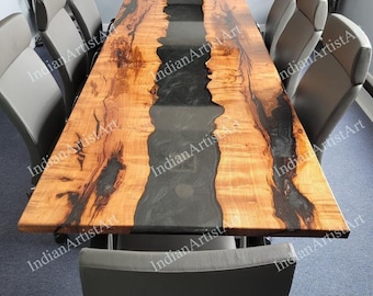 Acacia Wood Epoxy Table Top: Live Edge Black Resin River