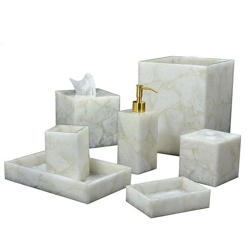 Handmade White Rose Quartz Bathroom Set: Luxury Hotel Decor, 7-Piece