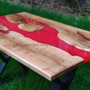 Acacia Wood Epoxy Table Top with Wrought Iron Stand