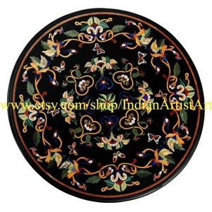 Black Marble Table Top: Handmade Flower Inlay with Semi-Precious Stones