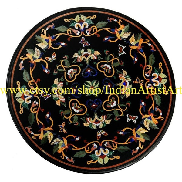 Black Marble Dining Table Top / Round Table Top with Flower Inlay Art / Circular Table Top inlaid with semi precious stones / Table for Home