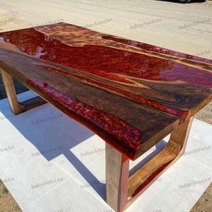 Red Epoxy Acacia Wood Table Top: Handmade Dining or Office Table