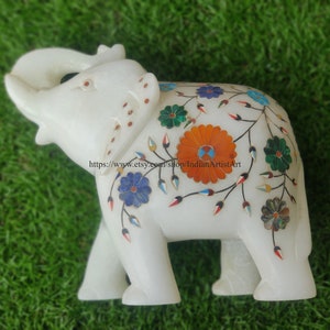 Handmade Marble Elephant Figurine: Gemstone Inlay Home Decor
