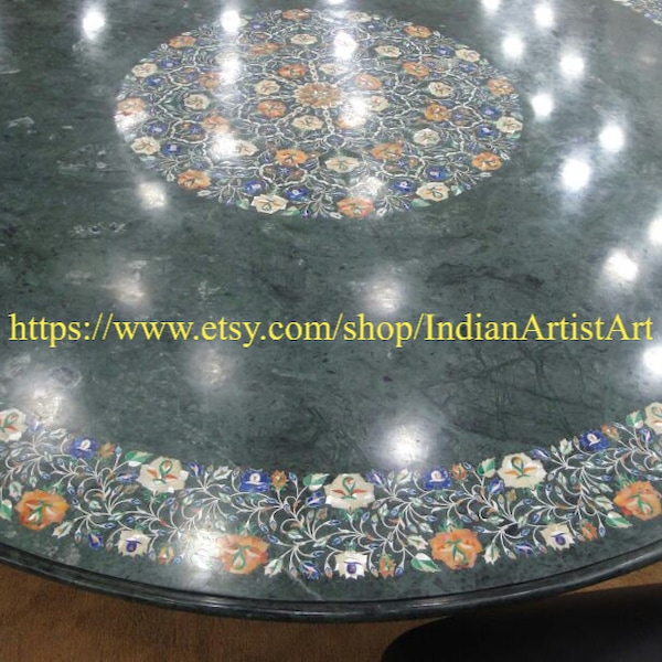 Green Marble Inlay Art Dining Table Top /  Inlaid with semi precious stones / Home Decoration / Family Dinner Table Top