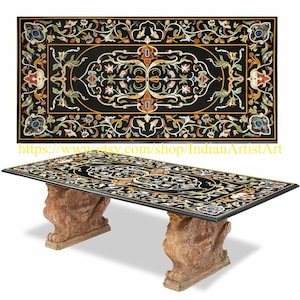 Handmade Pietra Dura Dining Table: Black Marble Inlay, Italian Design